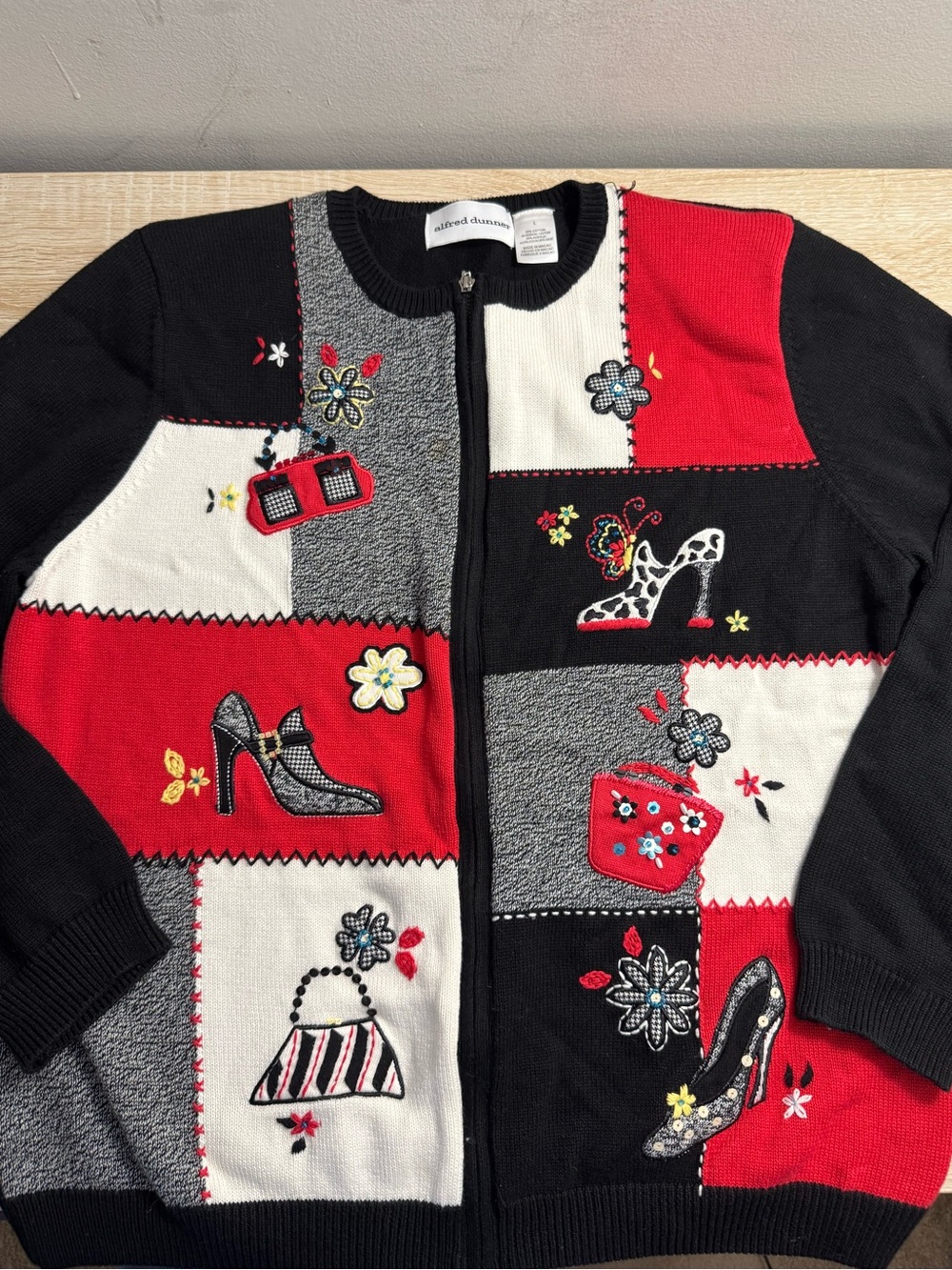 Alfred Dunner Red, Black & White Patchwork Zip Cardigan Sweater